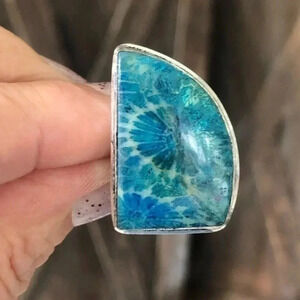 SIZE 6 Gorgeous Blue Coral Fossil Unique 925 Sterling Silver Ring NWT